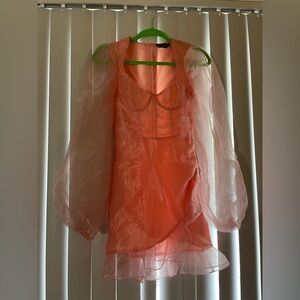 PrettyLittleThing Coral Organza Dress with Sheer Sleeves